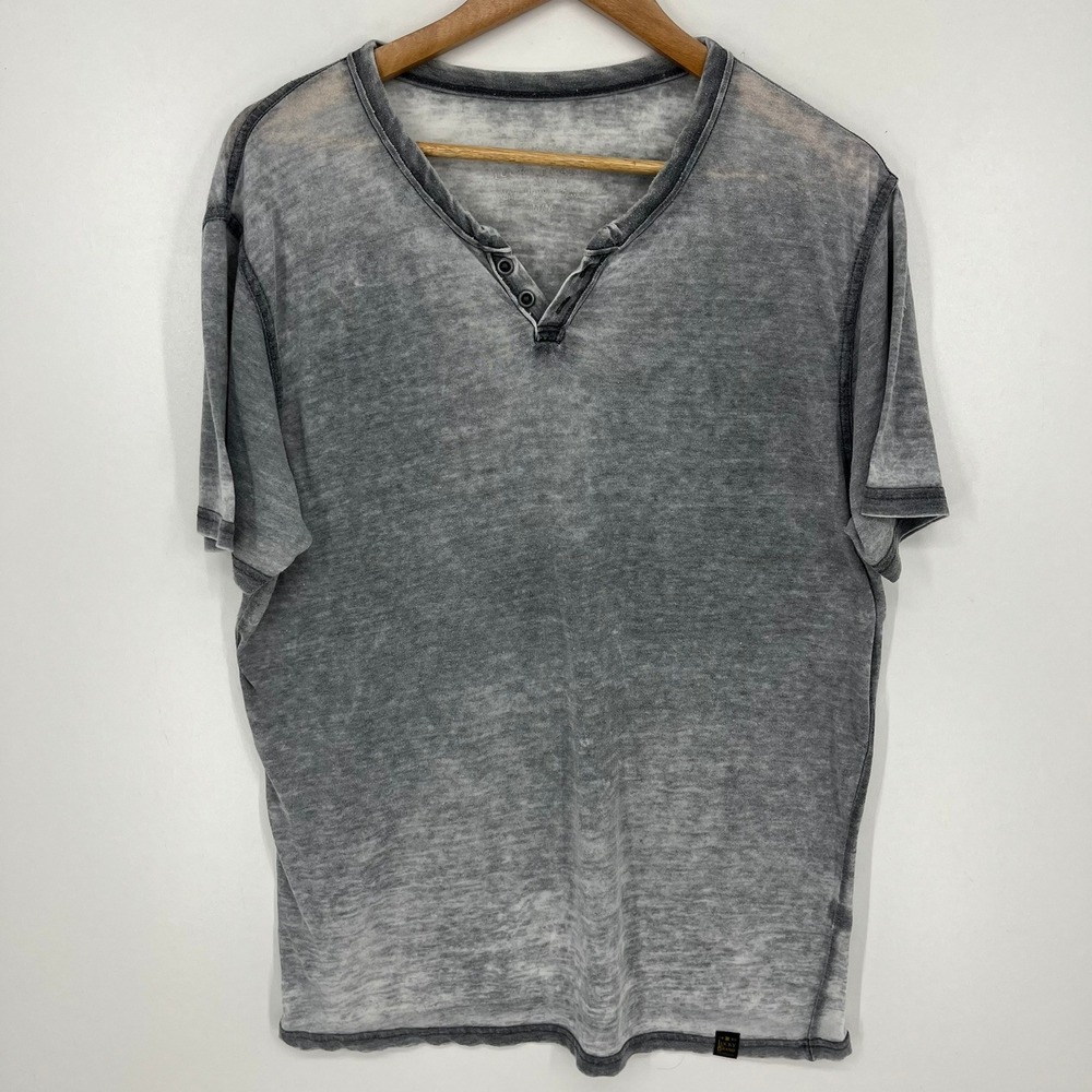 Lucky Brand Mens Henley Shirt Medium Grey Burnout Wash Short Sleeve V-Neck